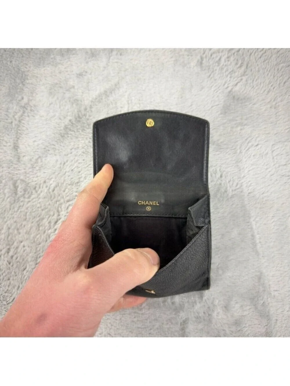 Chanel CC Logo Grained Calfskin Leather Bifold Black Wallet Embroidered
